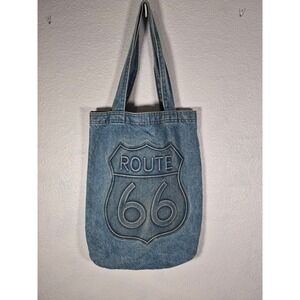 Tyca Route 66 Denim Tote Bag Blue Cotton Embossed Logo Made in USA Vintage Style